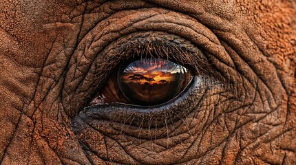 Extreme macro close-up of a wild African elephant's eye reflecting a golden sunset landscape. © Omishu Makes