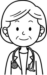 Obraz premium Hand Drawn Elderly Female Doctor Black and White Illustration in Minimal Line Art Style Design
