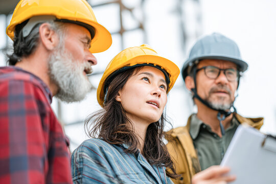 Three construction professionals in hard hats discuss plans at a building site.