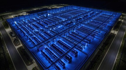 Naklejka premium Aerial night view of illuminated cityscape with glowing blue fiber optic network overlay for smart technology concept