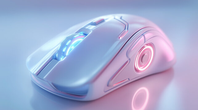 A sleek white computer mouse with glowing blue and pink accents rests on a reflective surface