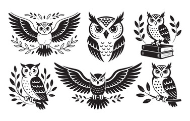 Fototapeta premium Owl Silhouettes with Leaves and Books