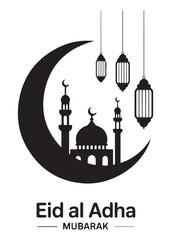 Fototapeta premium Eid al Adha Mubarak Crescent Moon Mosque Silhouette Lanterns