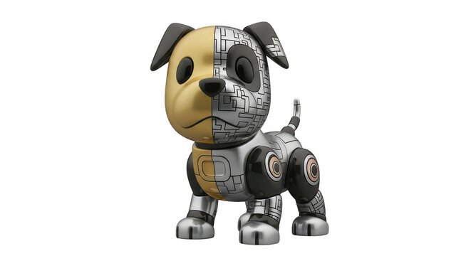Cute robotic dog with gold and silver metallic body standing alone transparent background