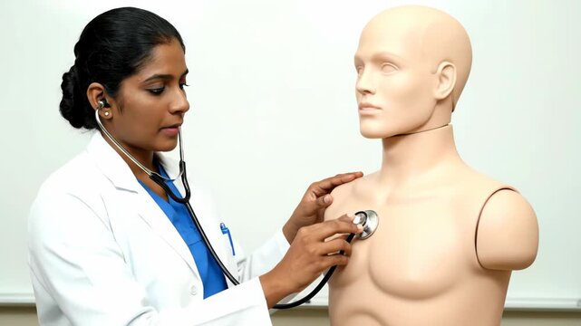 Female doctor practices auscultation on a medical dummy, enhancing her diagnostic skills.