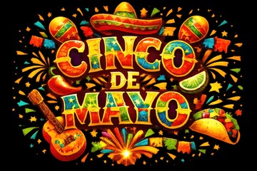 Obraz premium Vintage Cinco de Mayo typography poster, colorful Mexican fiesta celebration design with sombreros and maracas