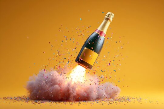 Champagne bottle exploding with colorful confetti and smoke on orange background for celebration, party, festive event, holiday, and success concept.