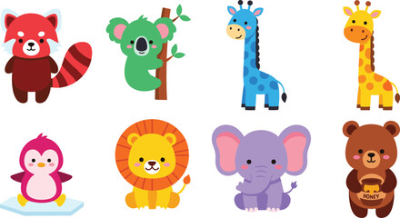 Obraz premium Cute Cartoon Animal Collection with Red Panda, Koala, Giraffe, Lion, Elephant, Penguin, and Bear Illustrations for Kids' Designs, Toys, and Nursery Art