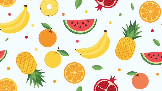 Refreshing tropical fruit pattern includes illustrated pineapples, bananas, orange slices, and watermelon wedges on a light blue background.