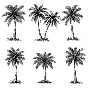 Palm tree set hand drawn engraving, vintage tropical palm collection line art black and white illustration