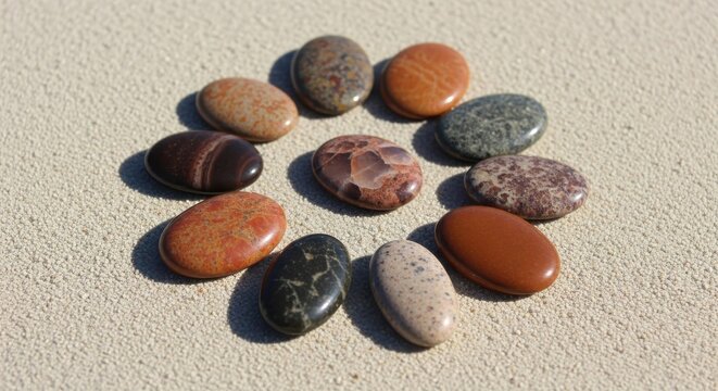 A Circle of Smooth, Polished Semi-Precious Stones Arranged on a Textured Earth Surface