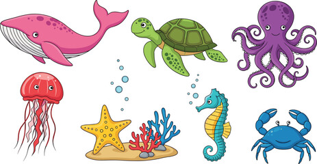 Fototapeta premium Cute Sea Creature Character Set with Whale, Turtle, Octopus, Jellyfish, Seahorse, Crab, and Coral for Kids' Ocean Illustrations and Marine Designs