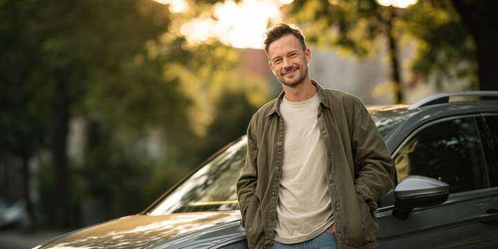 Man standing near car outdoors in casual clothes smiling at camera with trees and sunlight in background for lifestyle and transportation concept.