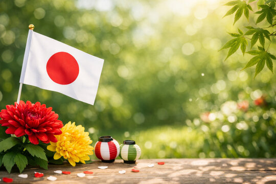 Japan flag with chrysanthemum flowers and lanterns, Showa Day and Golden Week celebration concept.