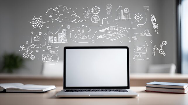Tech-Driven Brainstorm: A modern laptop sits center stage, its blank screen a canvas for a flurry of digital brainstorming, capturing the essence of innovation and creative potential.