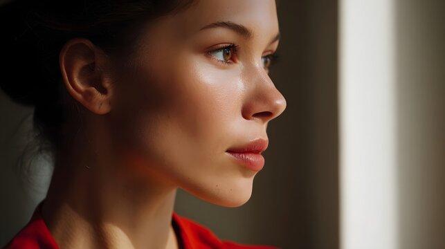 Close up profile of a woman s face with luminous skin bathed in warm sunlight