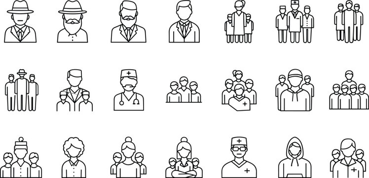 People professions line icon set with doctor engineer worker team business avatar outline vector occupation symbols collection pack