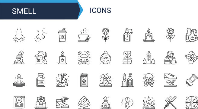 Smell sensory outline icon set including perfume aroma fragrance nose incense candle flowers hygiene odor and scent detection symbols