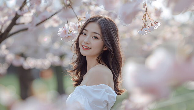 朝の澄んだ光の中で桜に囲まれて笑う日本人女性の爽やかな春風景