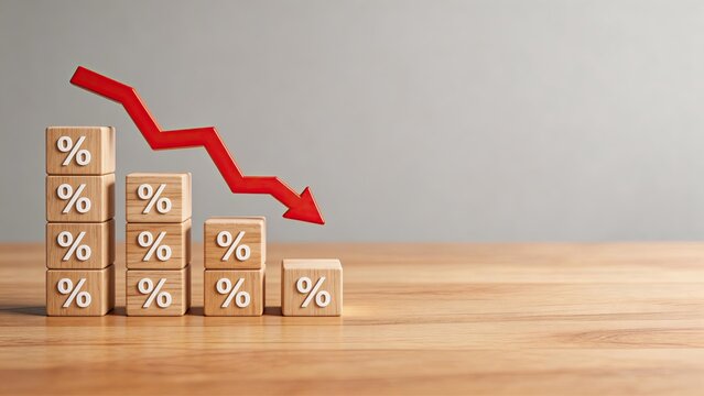 Red downward trend arrow on wooden blocks with percentage signs symbolizing economic decline financial loss or market crash on a wooden table background
