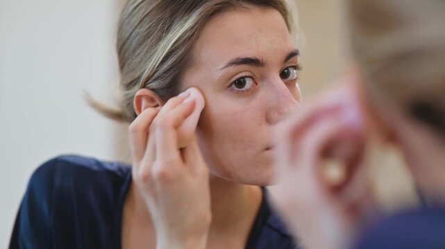 A woman applies makeup using a cotton pad in an indoor environment. The footage highlights personal care and makeup techniques that can be used for beauty and skincare content