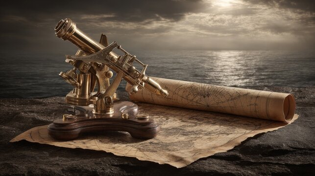 Antique brass sextant and vintage map positioned on a rocky shore overlooking a dramatic ocean horizon