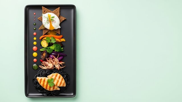 A healthy meal consisting of grilled chicken, mixed vegetables, and a fried egg on a black plate