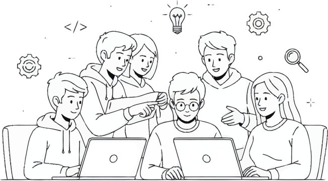 A group of young adults collaboratively working on laptops with coding symbols around them art 75