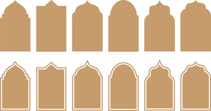Collection of oriental style islamic vector shapes of a window or door arch mosque gate islamic arabesque pattern arab frame set on transparent background ramadan kareem silhouette icon set.