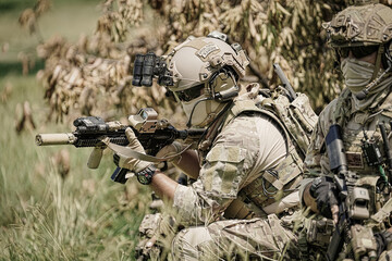 Fototapeta premium Special forces soldiers in camouflage gear with tactical equipment during a mission
