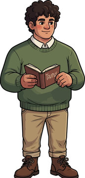 Young man holding a book titled Taurus stands confidently in casual attire.