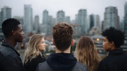Fototapeta premium Diverse group of young adults stands together looking out at a vast city skyline on an overcast day