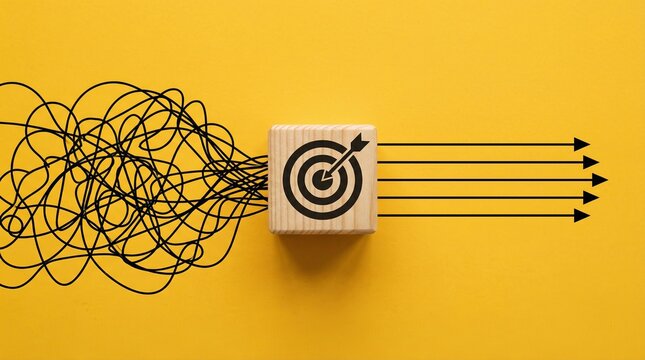 Simplifying Complexity: The image features a visual metaphor, a tangled mass of lines transforming into focused, direct paths towards a clear target, symbolizing the process of simplifying complexity.