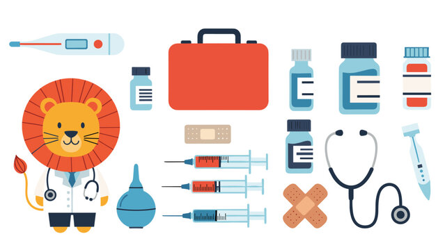 Adorable illustration of a lion dressed as a doctor surrounded by various medical supplies like a stethoscope and first aid kit.