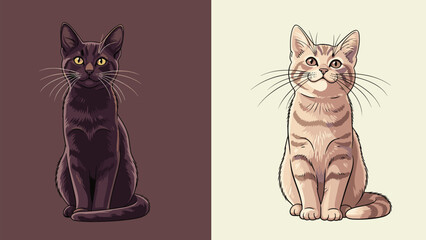 Fototapeta premium Two artistic portraits of sitting cats featuring a black cat on a dark background and a light tabby cat on a cream background.