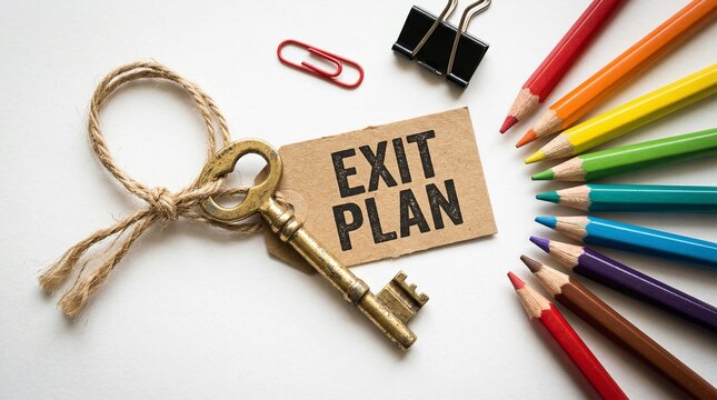 Exit Plan Key: A close-up shot presents a vintage key tied to a tag with EXIT PLAN, accompanied by office supplies, symbolizing strategy and forward planning.