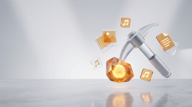 3D visualization of unstructured data mining dashboard with floating glowing cubes and analytical metrics