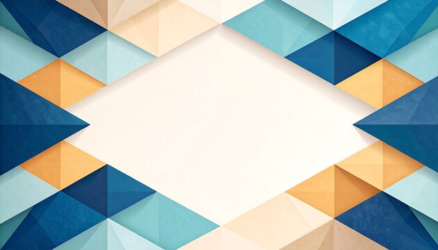 Geometric pattern featuring overlapping triangles in various blues, orange, and beige with a blank space