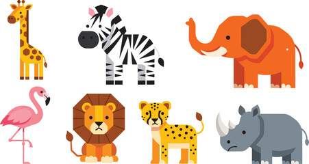 Obraz premium Wild Animal Collection with Giraffe, Zebra, Elephant, Flamingo, Lion, Leopard, and Rhino for Kids, Educational, and Cartoon Illustrations