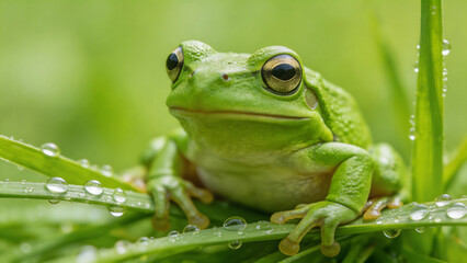 Obraz premium Green frog perched on grass with dew
