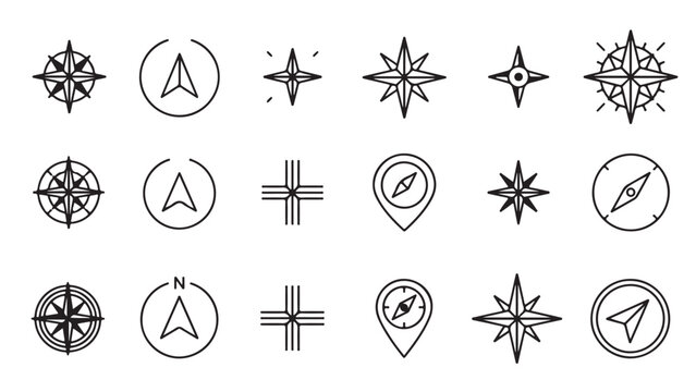 Set of Compass and Navigation Line Icons for Maps, Travel, and Direction