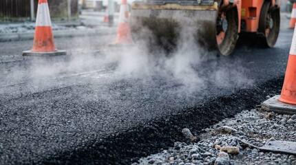 Heavy industrial steamroller machine pressing hot, steaming black asphalt during road construction. © Omishu Makes