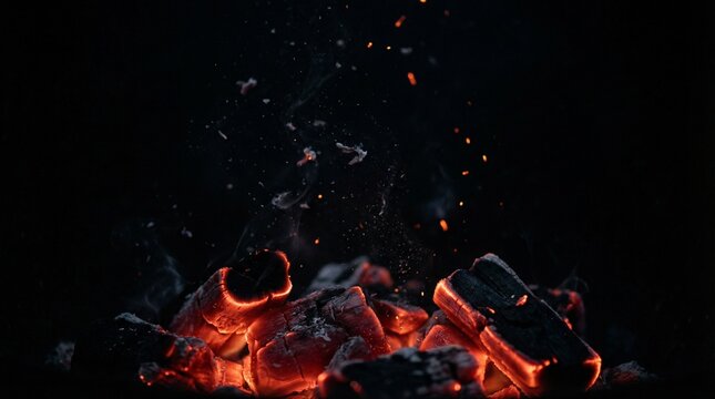 Glowing red hot embers and flying sparks from a dying campfire in the dark.