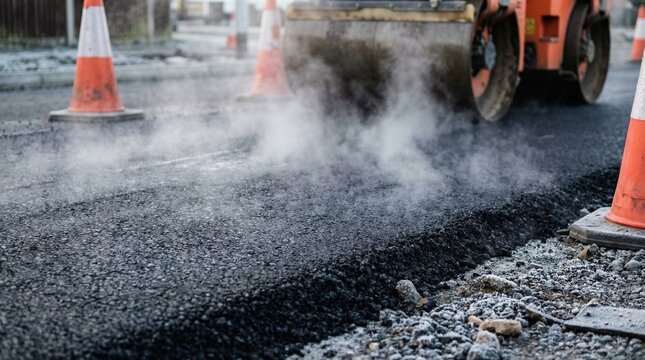 Heavy industrial steamroller machine pressing hot, steaming black asphalt during road construction.