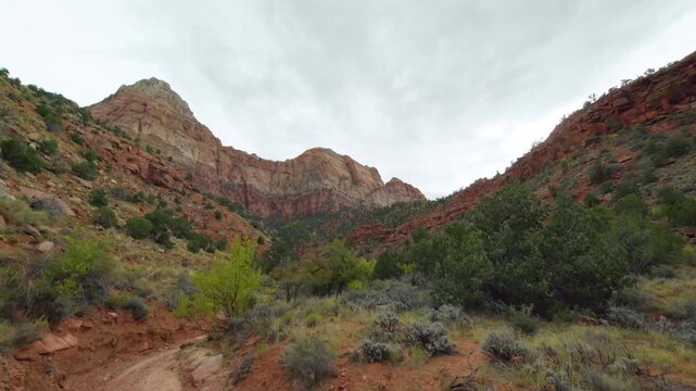 Footage capturing the beautiful and moderate Watchman Trail in Zion National Park, Utah. The trail ascends through switchbacks past green shrubbery and desert plants, offering sweeping views of the ca
