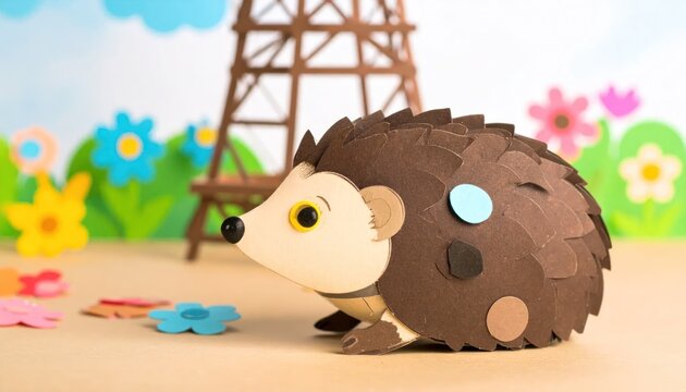 Charming Handmade Paper Hedgehog Craft with Whimsical Background.