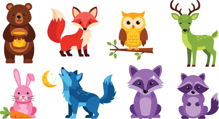 Obraz premium Woodland Animal Collection with Bear, Fox, Owl, Deer, Rabbit, Wolf, and Raccoon Illustrations for Nature, Forest, and Wildlife Designs