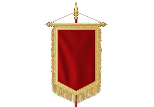 A ceremonial pennant featuring red fabric with gold fringe and tassels isolated on transparent background
