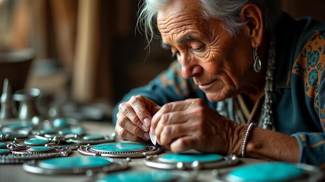 Native American elder crafting intricate silver and turquoise jewelry, bokeh warm desert workshop background