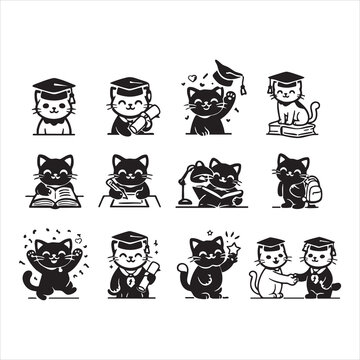 Cute cat student character set wearing graduation caps and studying with books in various poses art.